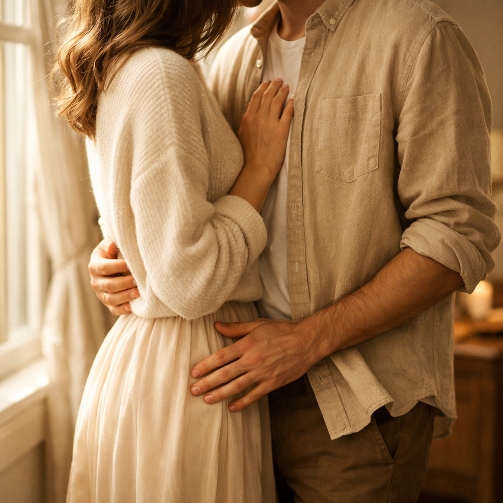 A couple standing close together in soft natural light