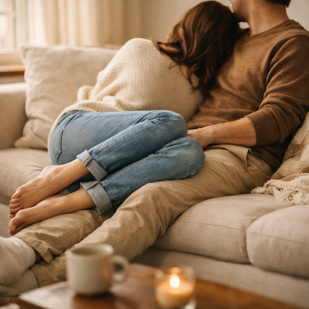 A couple sitting close together on a sofa in warm light