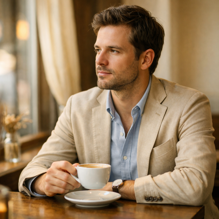 A reserved man sitting quietly by a window in warm light