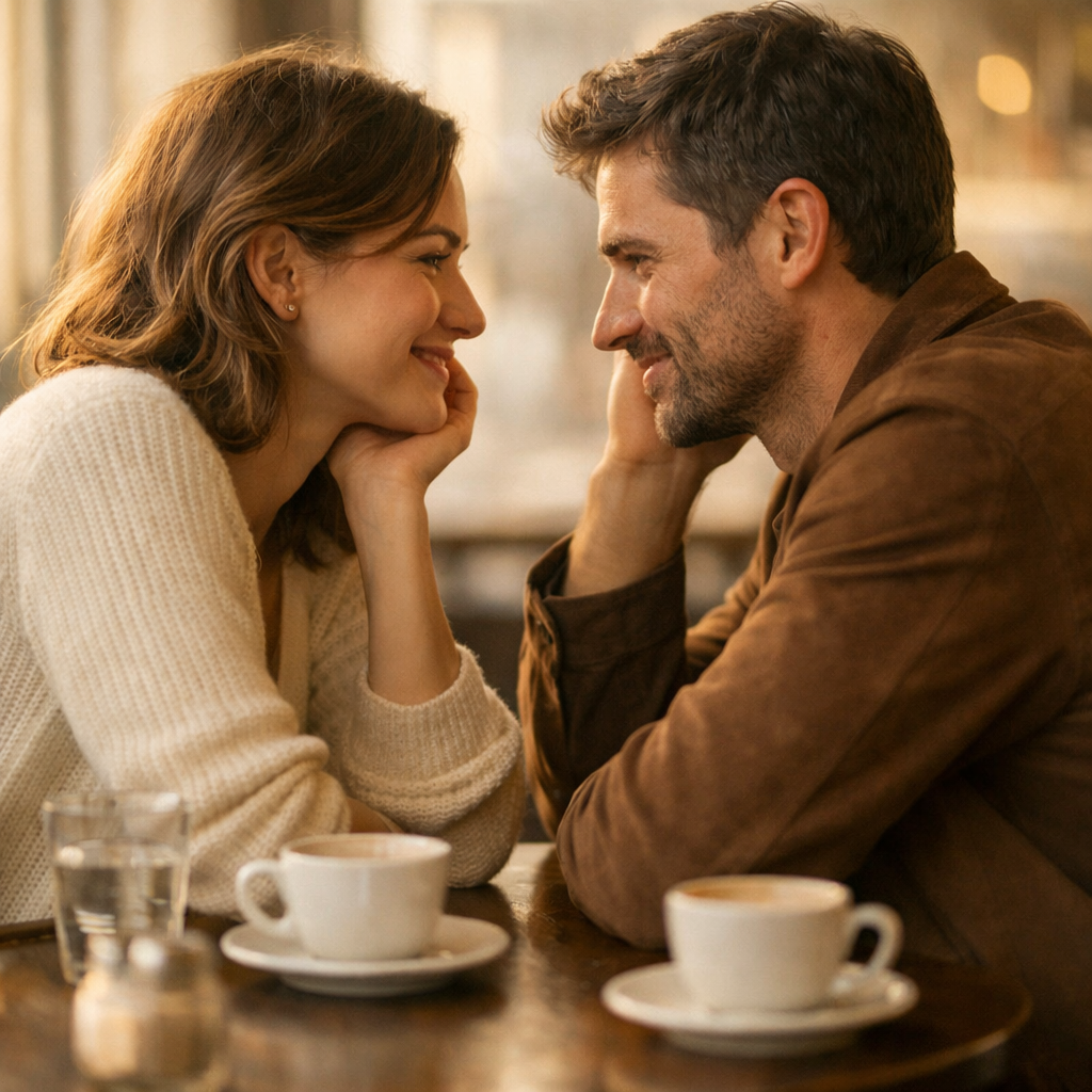 A man and woman in close conversation at a cafe table