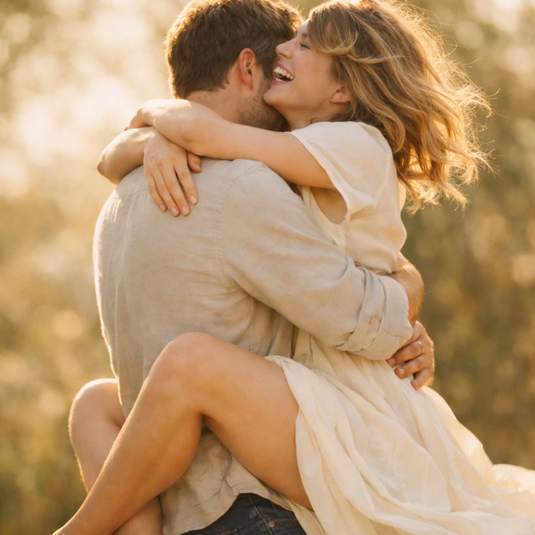 A man lifting a woman off her feet in a warm embrace