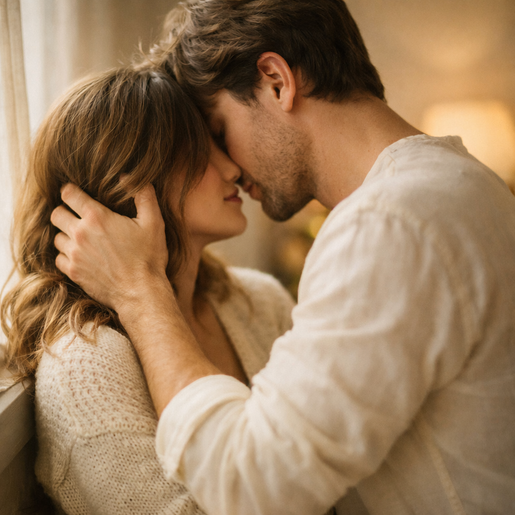 A couple in a close embrace in warm natural light