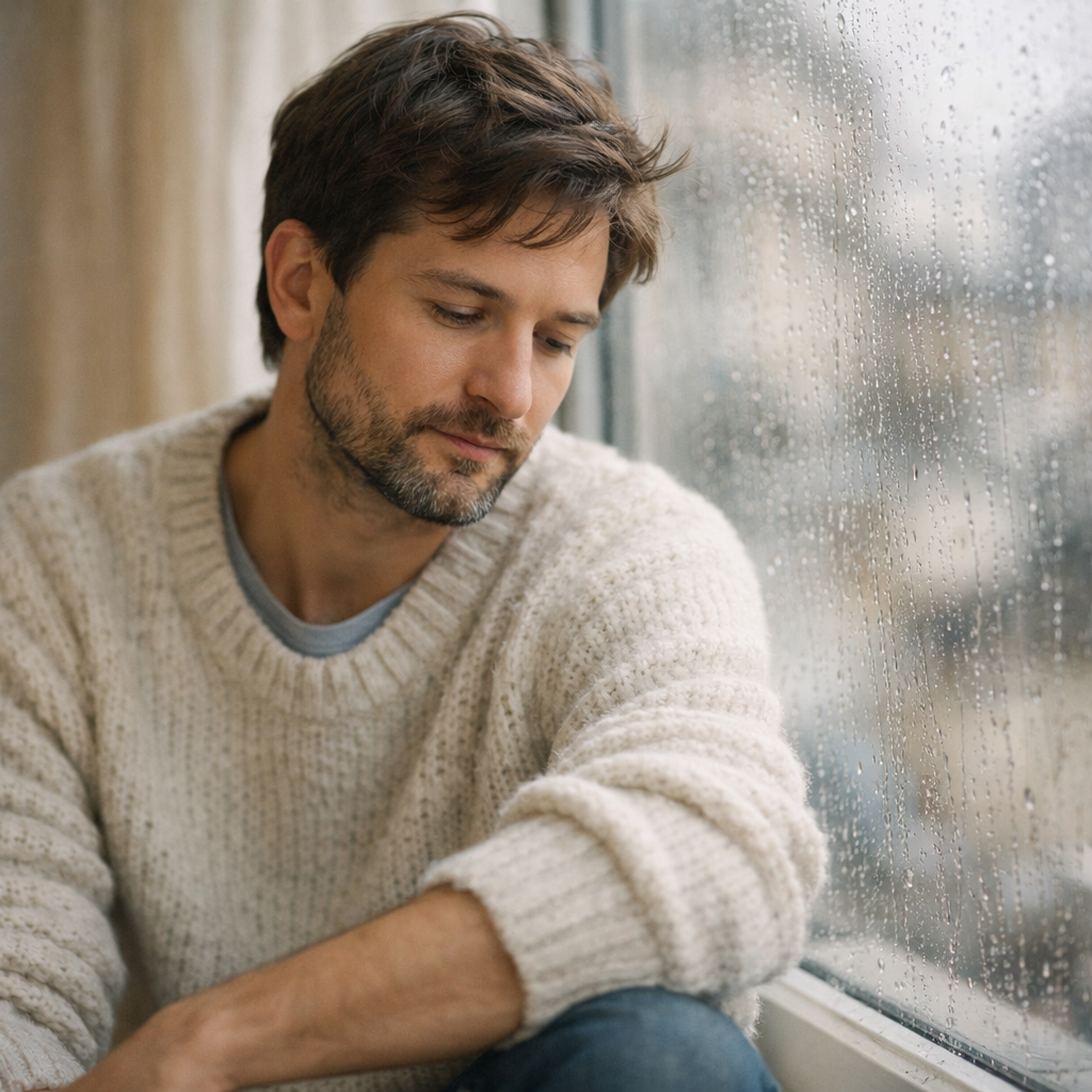 A gentle dreamy man sitting near a rain-streaked window