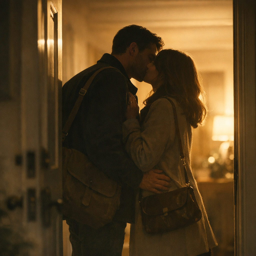 A couple sharing a tender goodbye kiss in a doorway