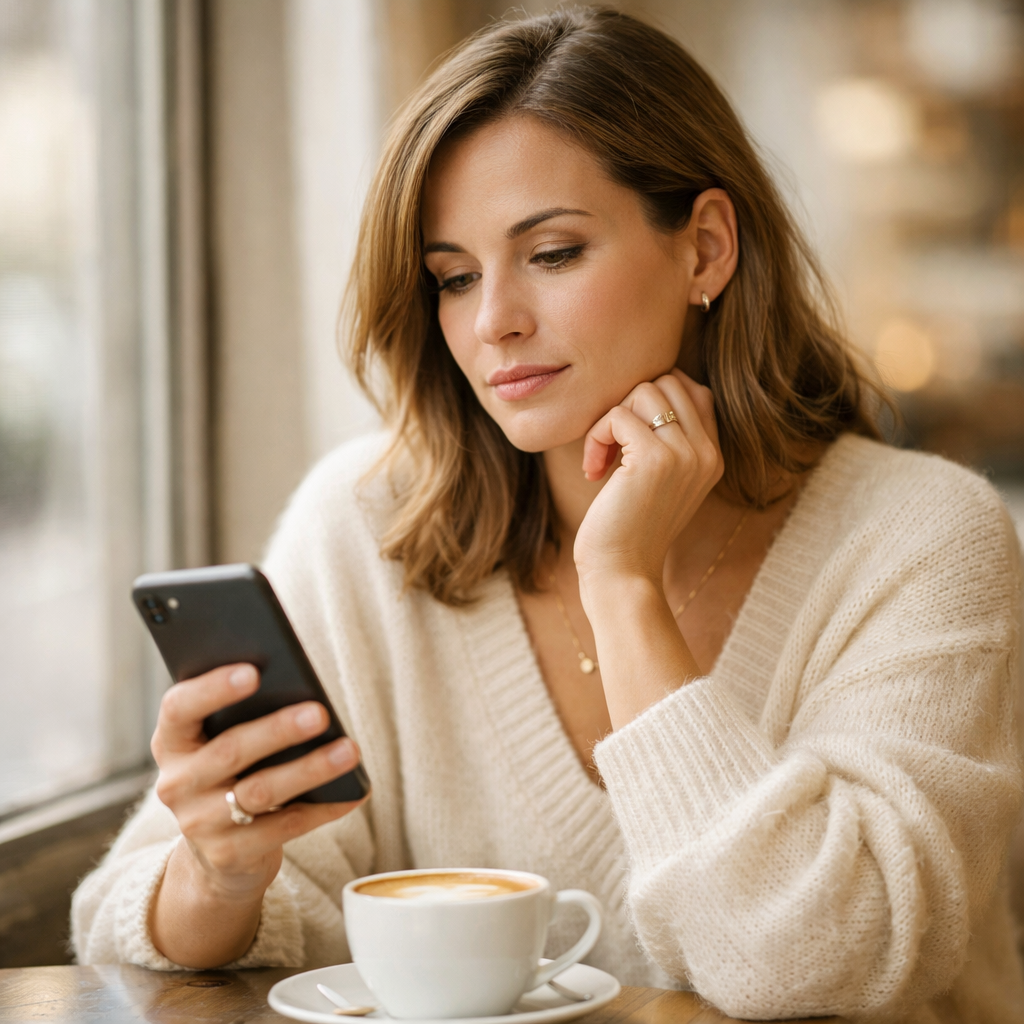 A woman looking thoughtfully at her phone while deciding how to reply