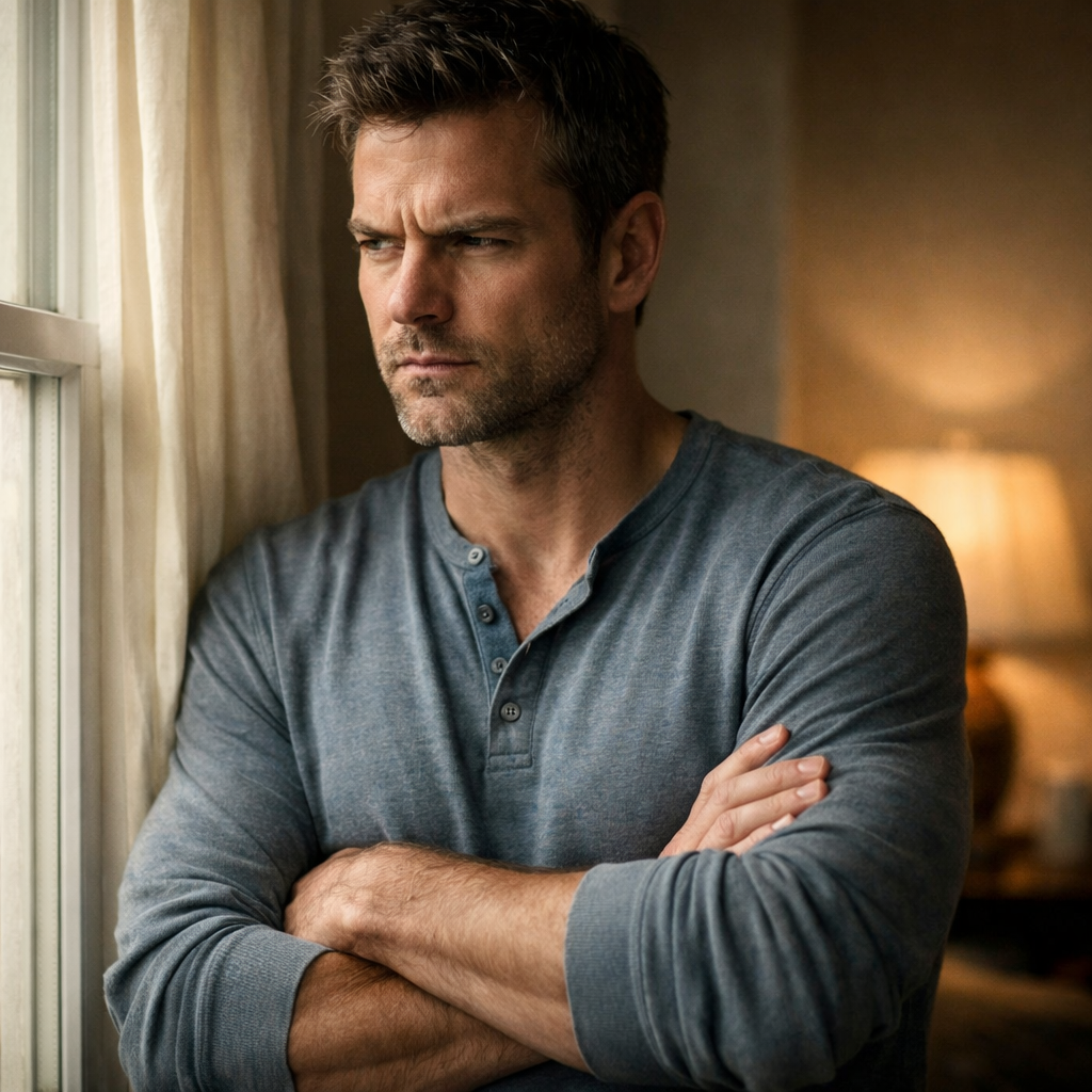 A tense man standing by a window with arms folded