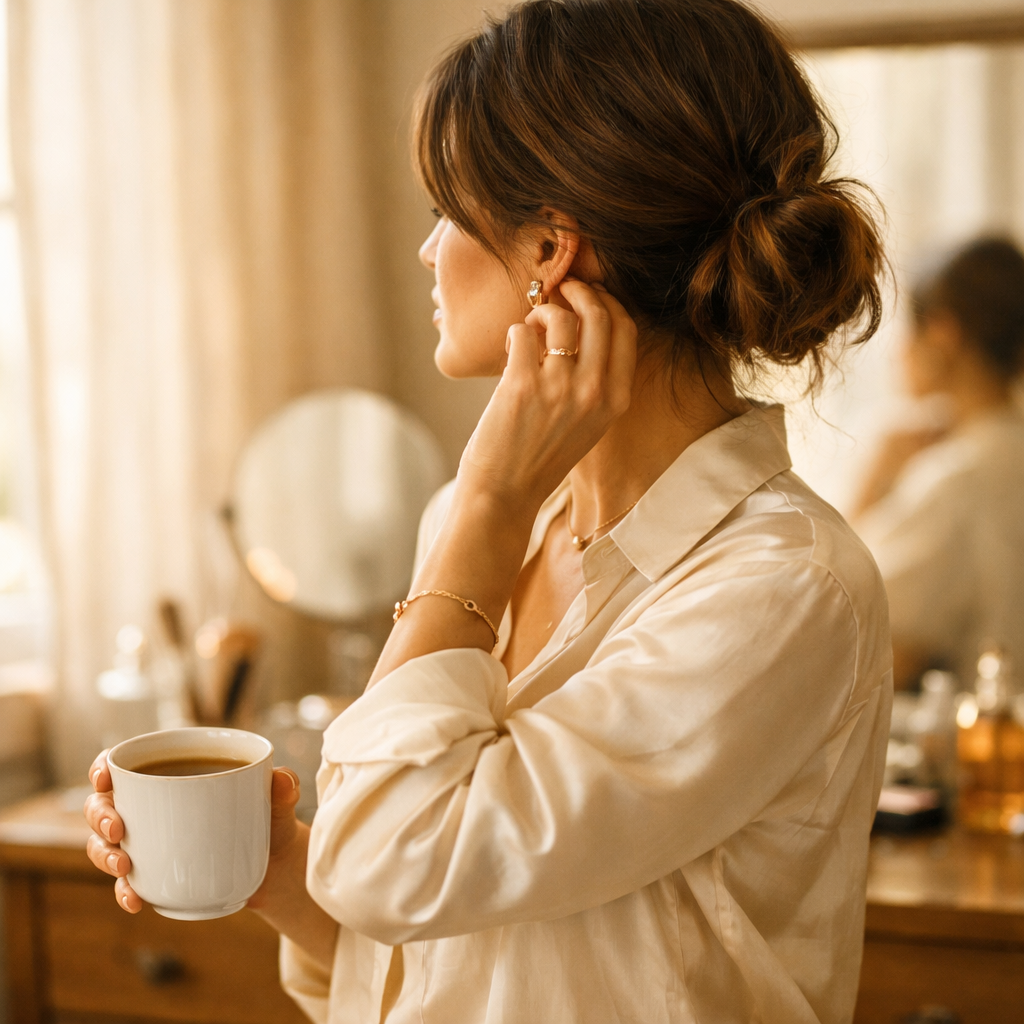 A calm confident woman at home in warm morning light