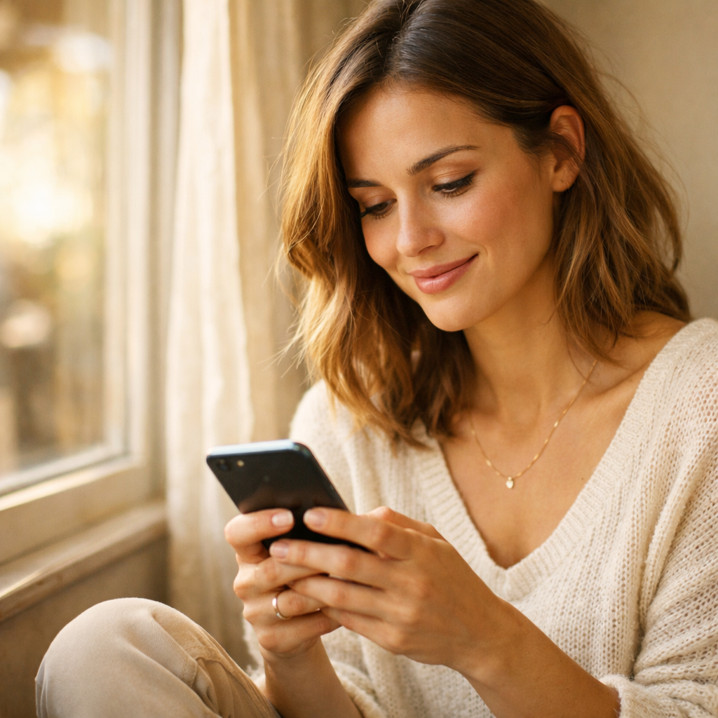 A woman smiling as she types a text message
