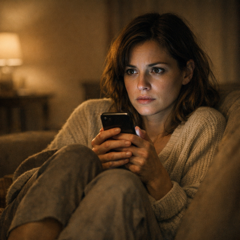 Woman curled up alone on a couch at night staring at her phone, showing the waiting and worry of anxious attachment