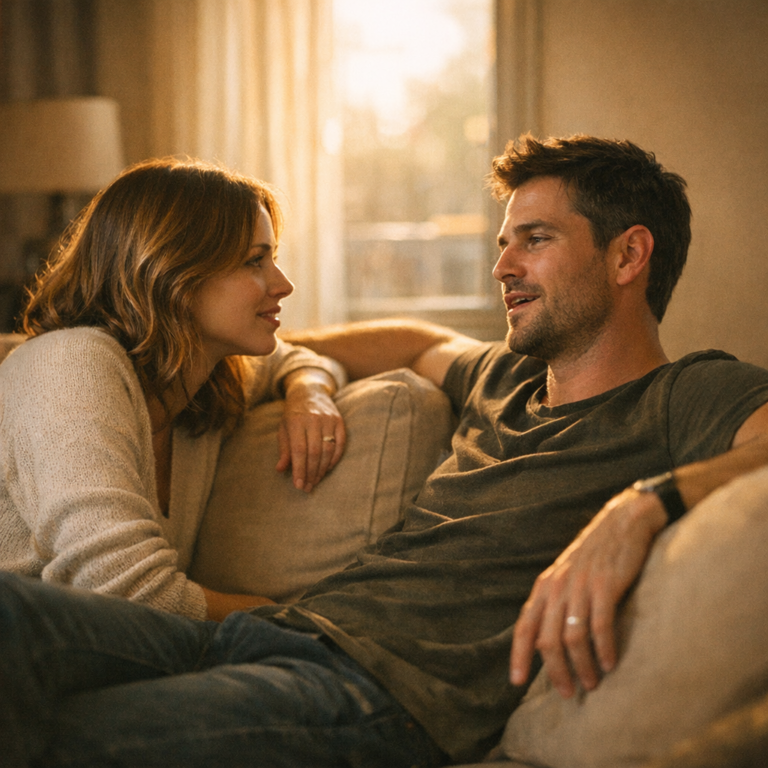 Couple on a couch in mismatched postures, one leaning in and one leaning back, showing how different attachment styles pair up