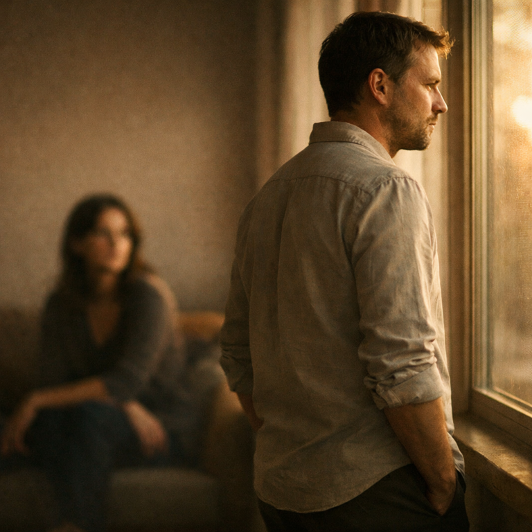 Man standing at a window with his back to the room while a woman watches from behind him, showing dismissive avoidant withdrawal