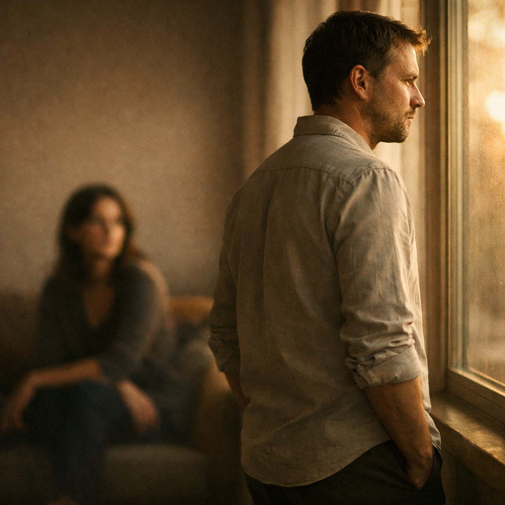 Man standing at a window with his back to the room while a woman watches from behind him, showing dismissive avoidant withdrawal