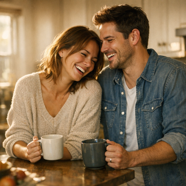 Relaxed couple laughing together over coffee in a sunlit kitchen, showing the ease of secure attachment