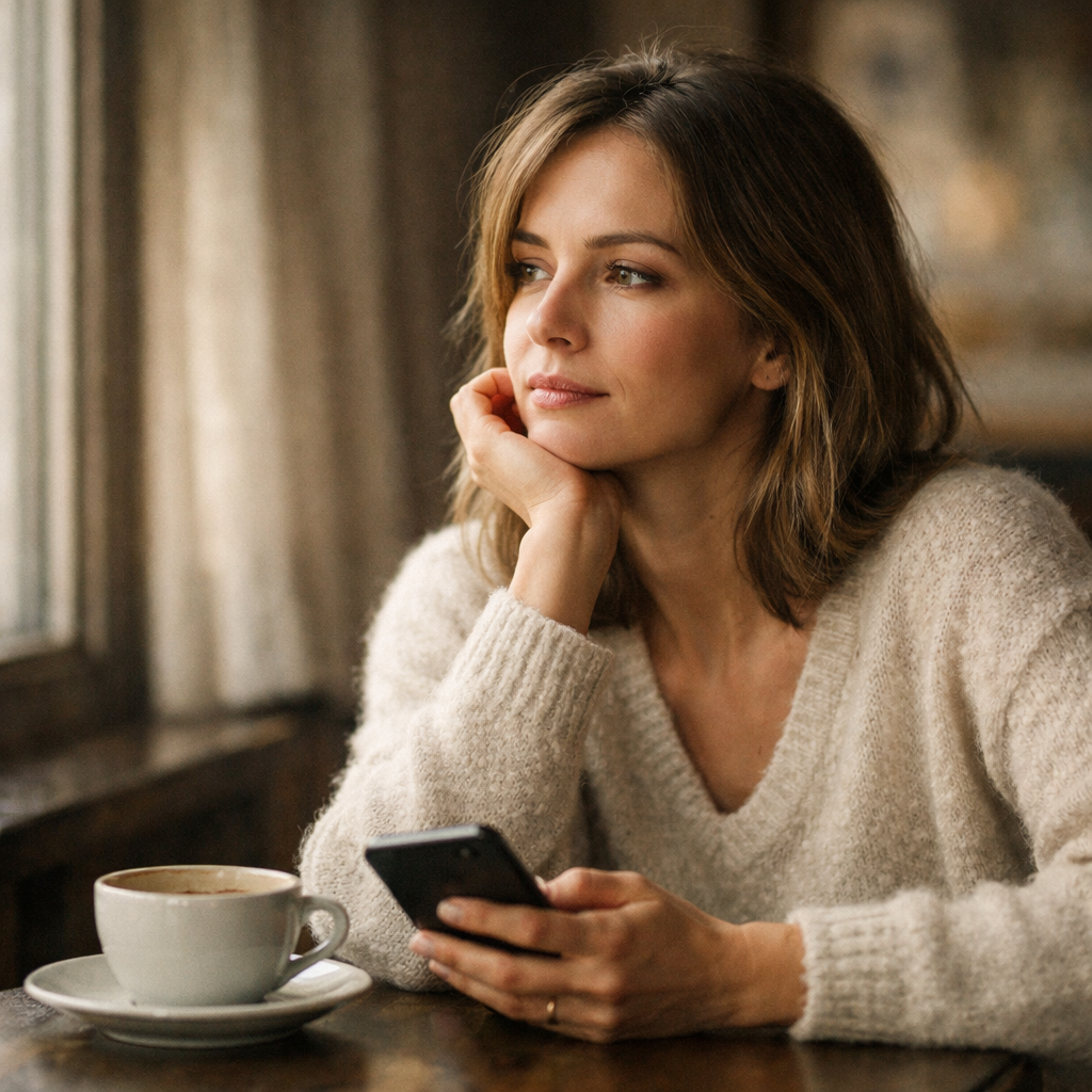 Woman sitting alone with coffee and her phone, thinking over a question about herself before taking an attachment style quiz