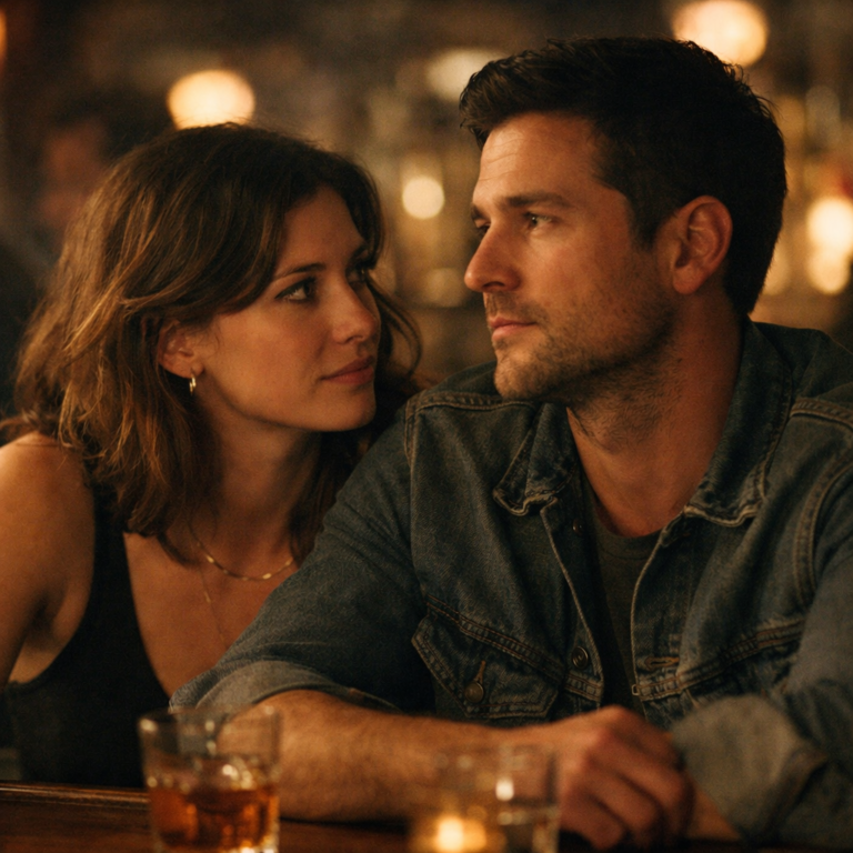 Couple sitting close at a bar while she looks at him with an unspoken question and he looks away, showing the undefined nature of a situationship