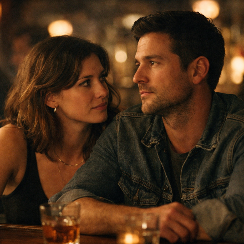 Couple sitting close at a bar while she looks at him with an unspoken question and he looks away, showing the undefined nature of a situationship
