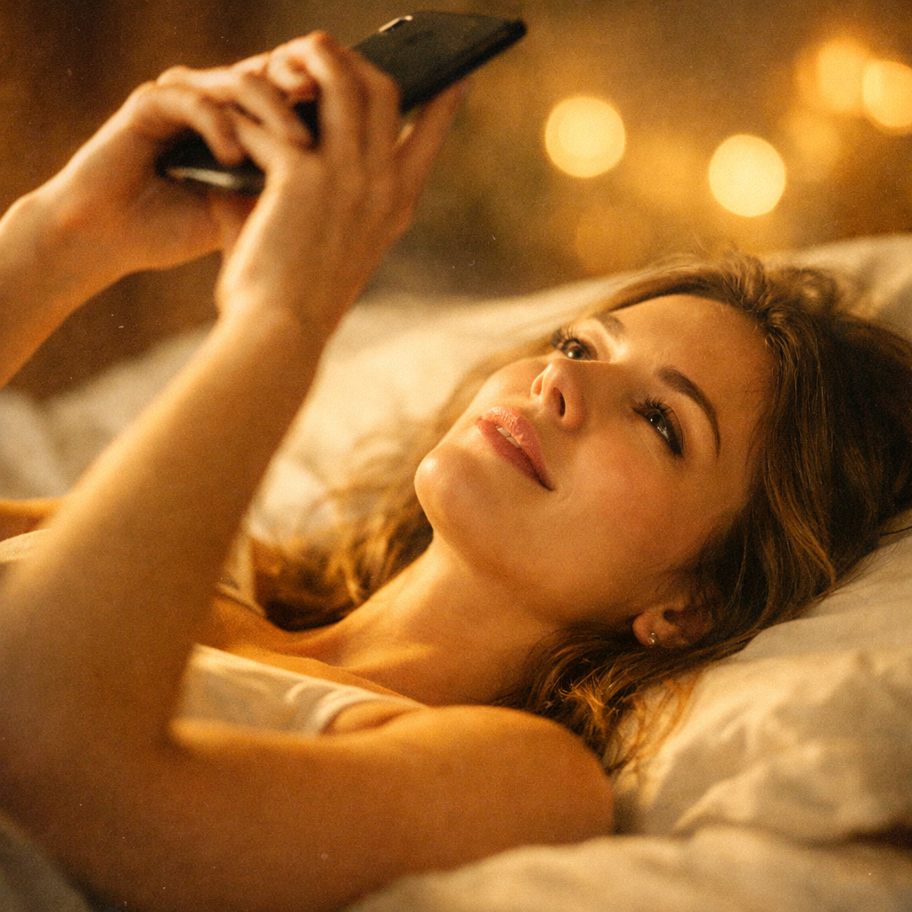 Woman lying on her bed holding her phone and lost in an intense daydream, illustrating the obsessive infatuation of limerence
