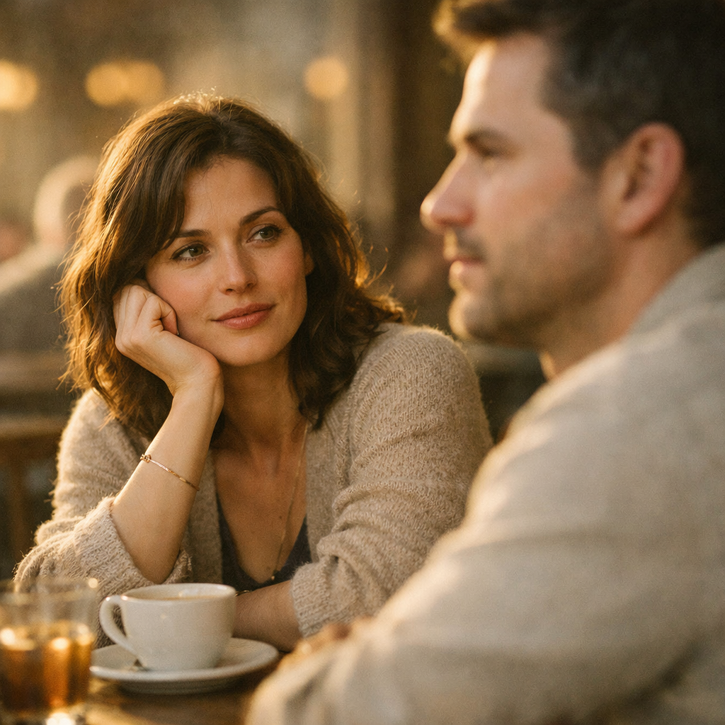 Woman gazing at a man across a cafe table with quiet longing while he looks past her, showing unrequited love