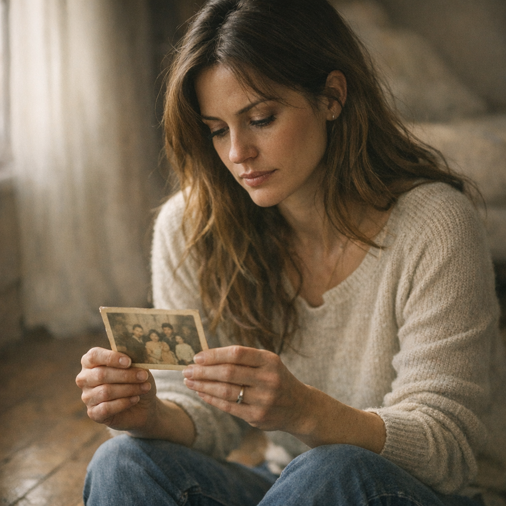 Woman sitting on the floor holding an old faded family photograph with a reflective expression, illustrating daddy issues and father wounds