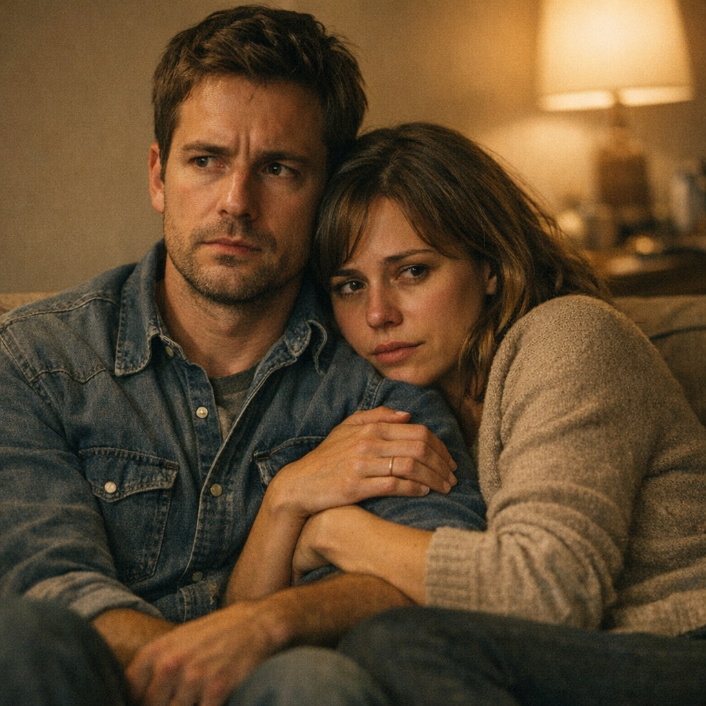 Couple pressed tightly together on a small couch with no space between them, showing enmeshment and lost boundaries