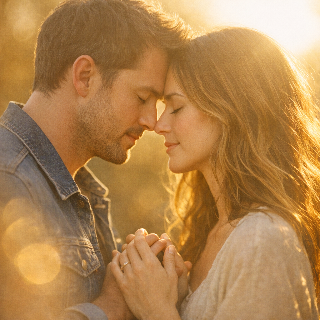 Couple standing forehead to forehead with eyes closed in warm golden light, illustrating the twin flame connection