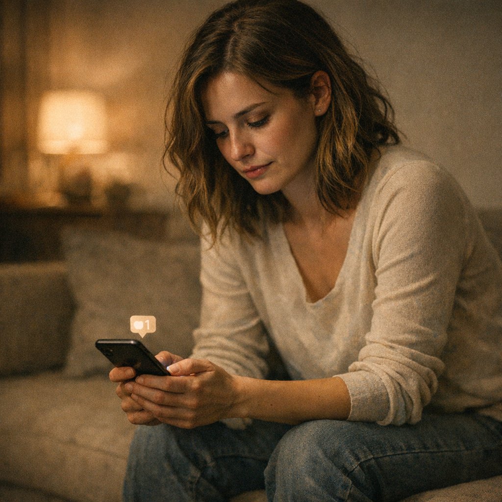 Woman on a couch looking down at a single message notification with mixed hope and disappointment, illustrating breadcrumbing