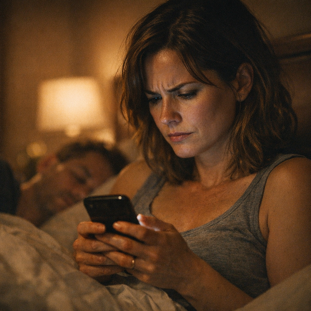 Woman awake at night scrolling through old photos on a phone while her partner sleeps beside her, showing retroactive jealousy