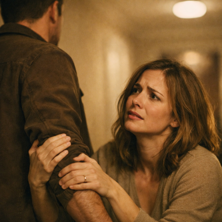 Woman holding onto a man's forearm with both hands as he turns to leave, illustrating clingy behavior in a relationship