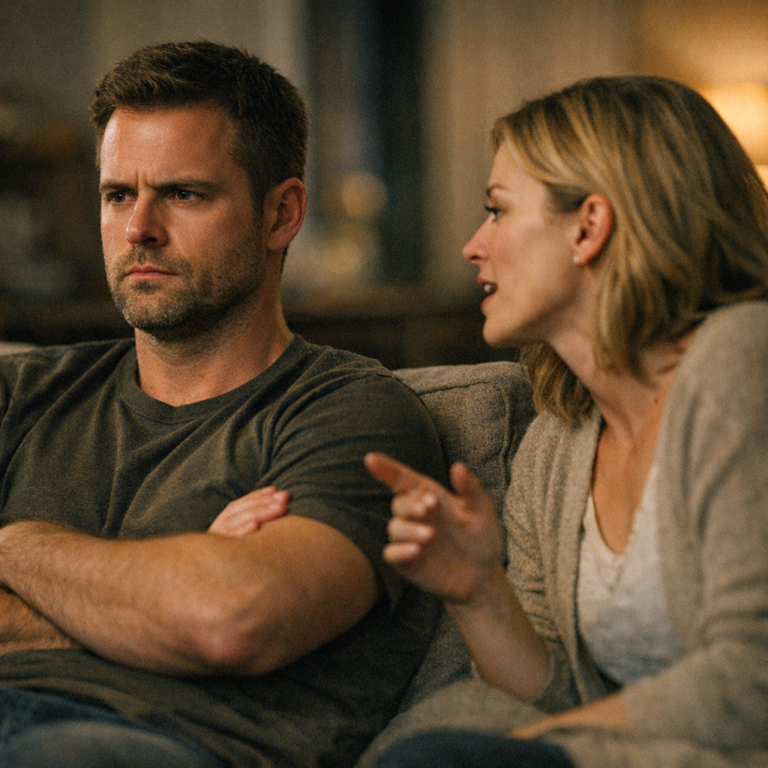 Man sitting with folded arms staring straight ahead in silence while a woman leans toward him mid-sentence, illustrating stonewalling
