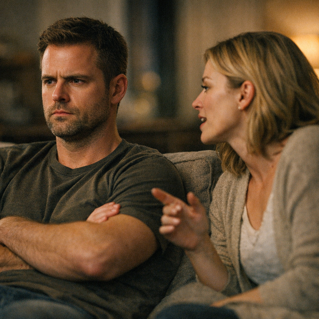 Man sitting with folded arms staring straight ahead in silence while a woman leans toward him mid-sentence, illustrating stonewalling