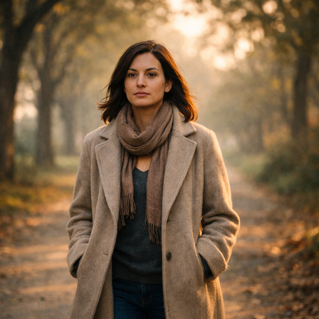 Woman walking alone along a quiet tree-lined path at sunrise with a calm, steady expression, moving on after a breakup