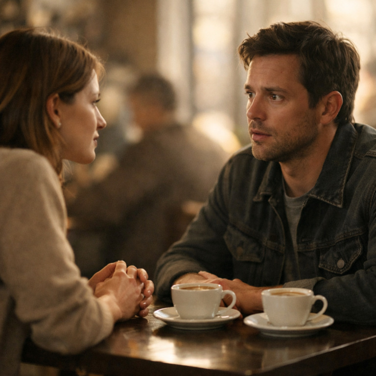 Man and woman having a quiet, serious conversation across a cafe table with untouched coffee, showing a kind and clear breakup