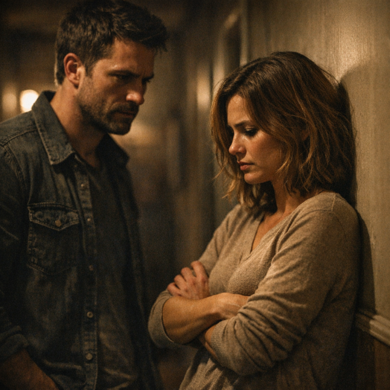 Tense couple standing in a dim hallway after an argument, her arms crossed against the wall, illustrating a toxic relationship