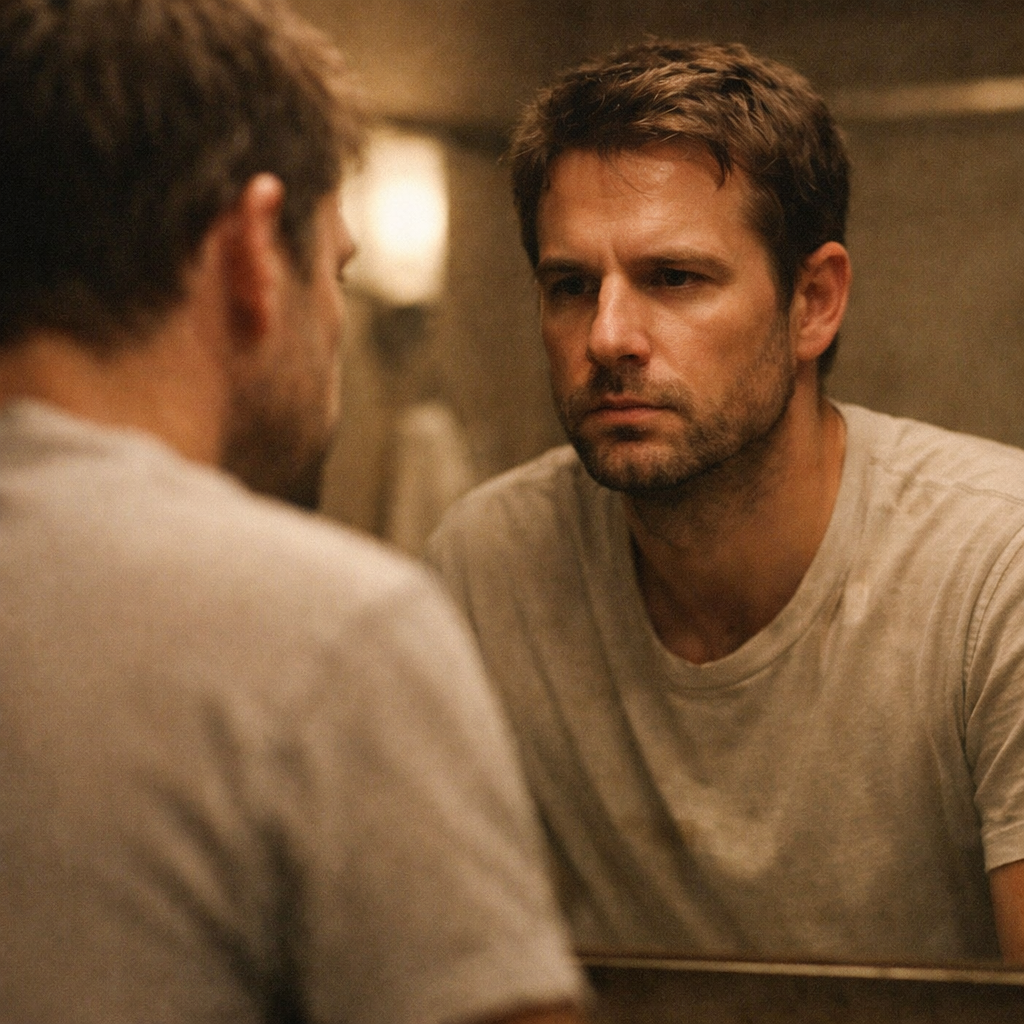 Man studying his own reflection in a mirror with an unreadable expression, raising the question of whether a narcissist can change