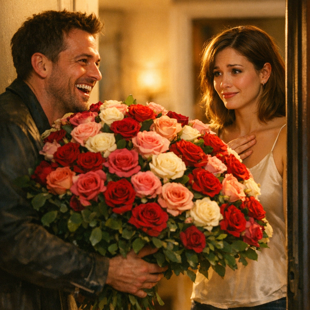 Man presenting an oversized bouquet of roses at a doorway while the woman looks flattered but overwhelmed, illustrating love bombing