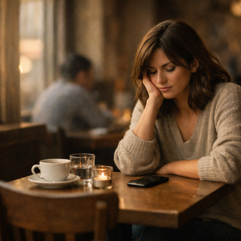 Woman sitting alone at a table for two looking at her silent phone with the chair across from her empty, illustrating ghosting