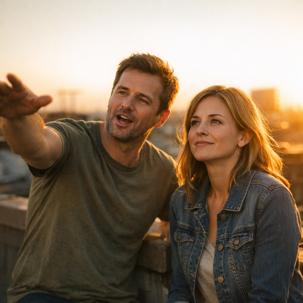 Man gesturing out toward the horizon at sunset while a woman listens with hope and faint uncertainty, illustrating future faking