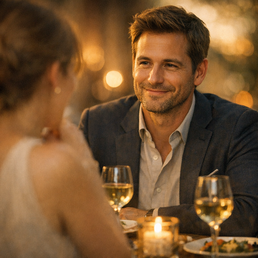 Well-dressed man smiling across a dinner table while quietly watching a woman's reaction, illustrating how a Libra man tests a woman