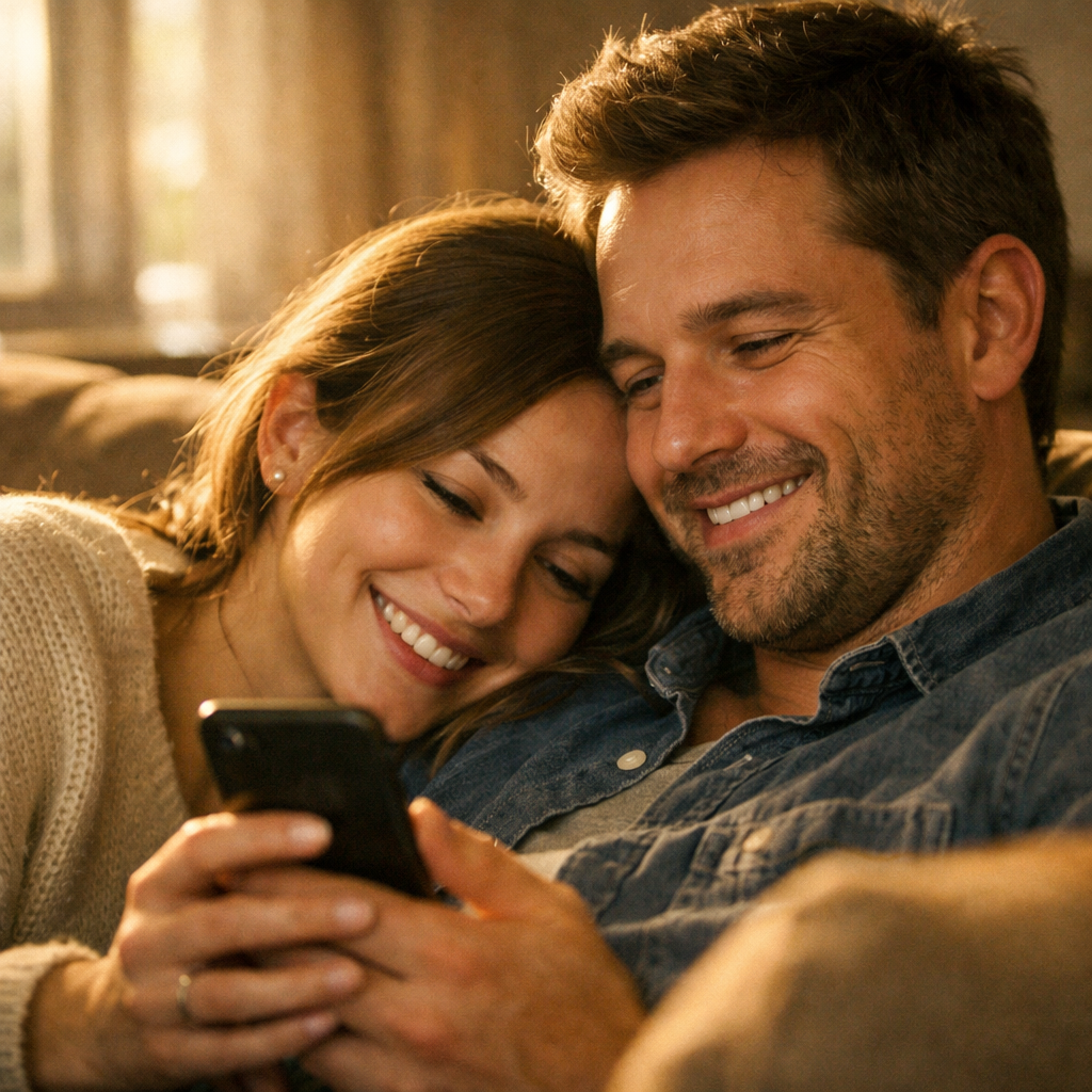 Couple lying close on a couch smiling at a phone together, illustrating the affection behind pet names and nicknames for your boyfriend