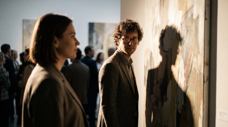 A man in round glasses sharing a long look with a woman at an art gallery