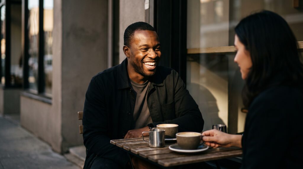 A man laughing warmly with a woman at a sidewalk cafe table