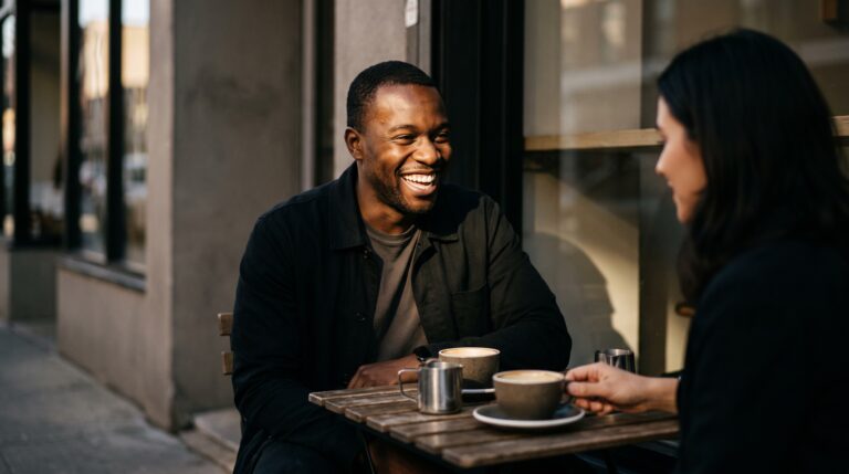 A man laughing warmly with a woman at a sidewalk cafe table