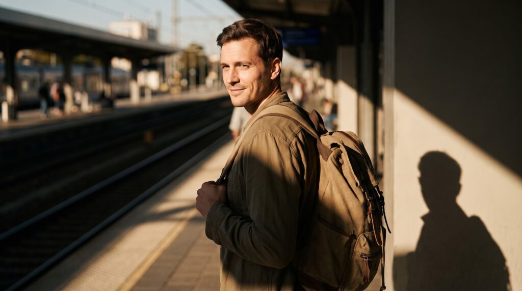 A man with a travel backpack glancing back with a fond half-smile at a sunlit train station