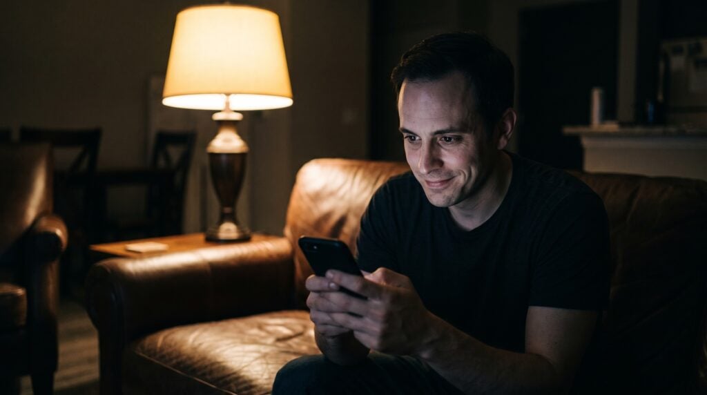 A dark eyed man on a couch late at night reading a text by lamplight