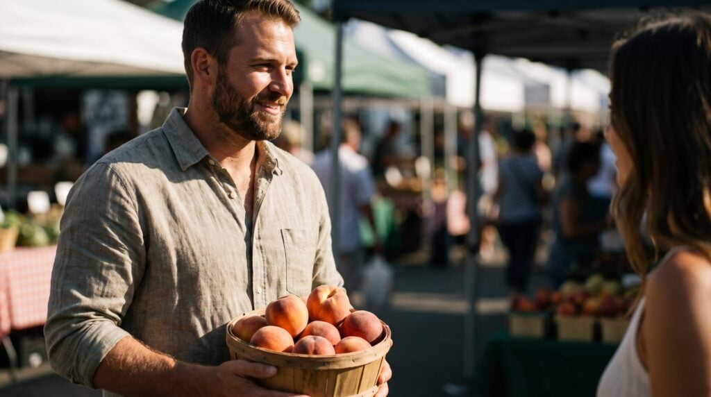 A bearded man at a farmers market stall smiling fondly at someone across the market