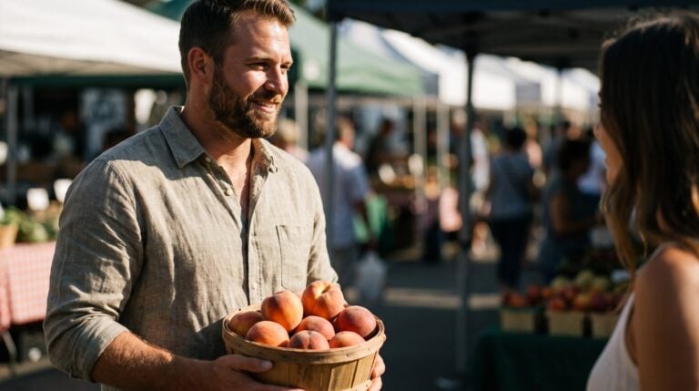 A bearded man at a farmers market stall smiling fondly at someone across the market