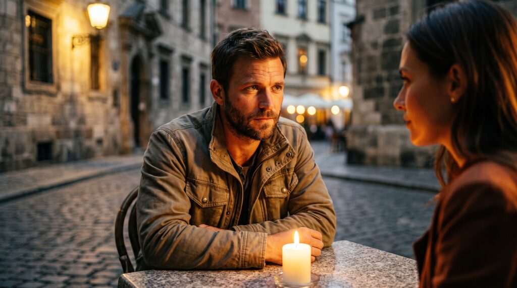 A bearded man holding eye contact with a woman at a candlelit outdoor cafe at night