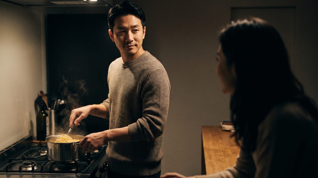 A man cooking pasta at home glancing back at a woman sitting at the counter