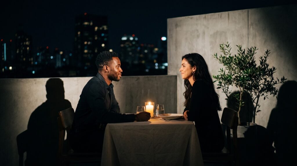 A couple sharing lingering eye contact over a candlelit rooftop dinner at night