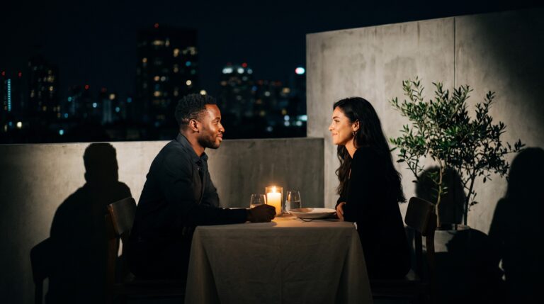 A couple sharing lingering eye contact over a candlelit rooftop dinner at night